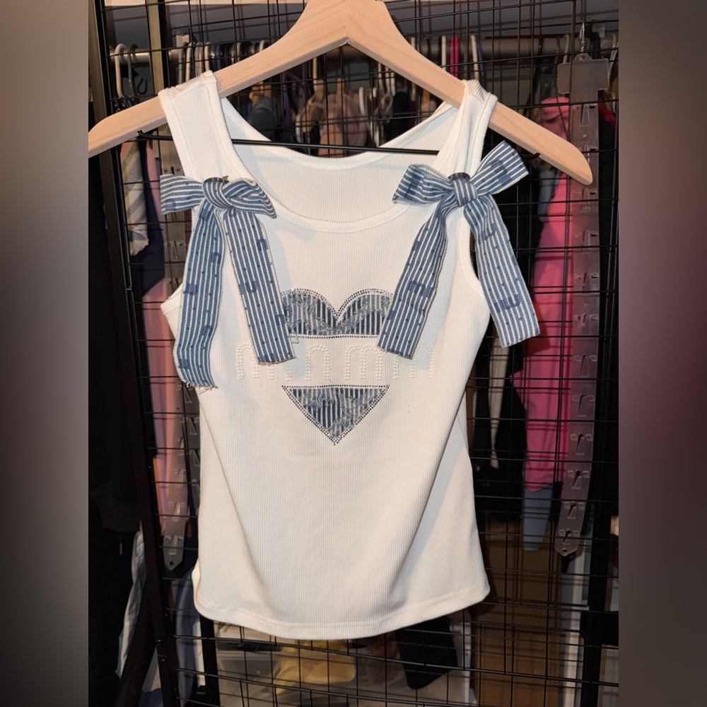 White Sleeveless Ribbed Tank with Blue Striped Bow Straps